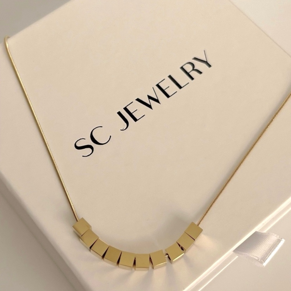14K Gold Tone Stainless Steel Cube Bar Necklace - Snake Chain